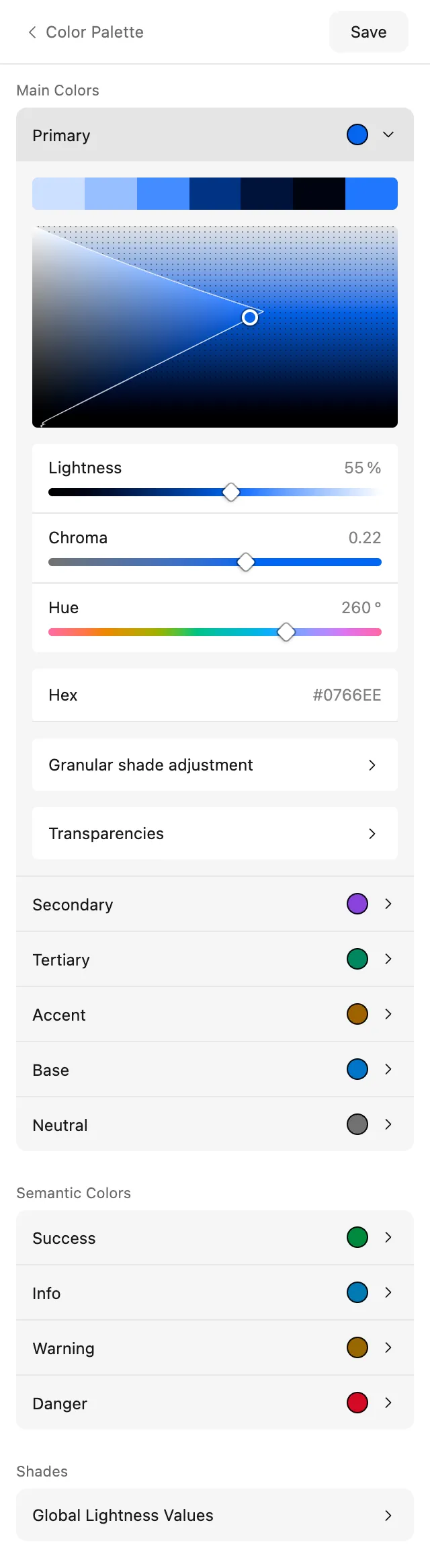 Color Palette screen with Primary open: lightness, chroma and hue
