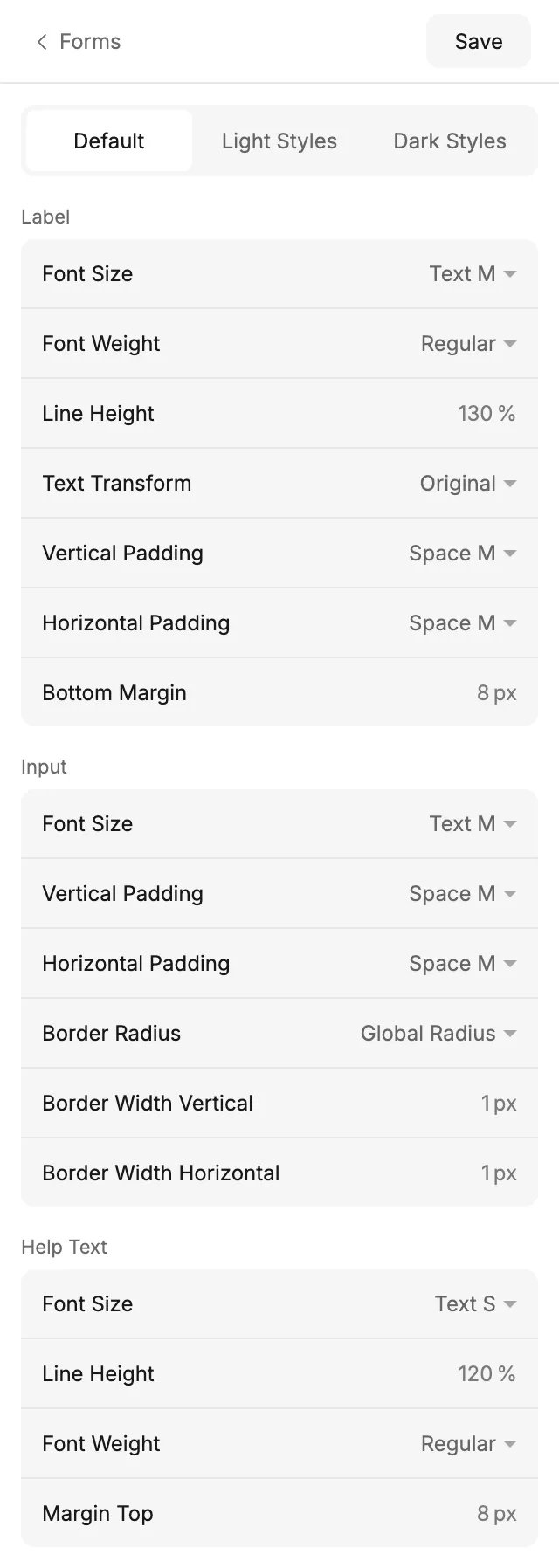 Forms screen: labels, inputs and help text