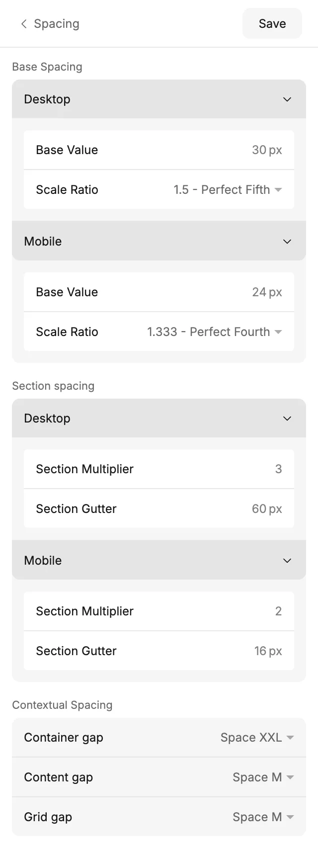Spacing screen: spacing scale and section spacing