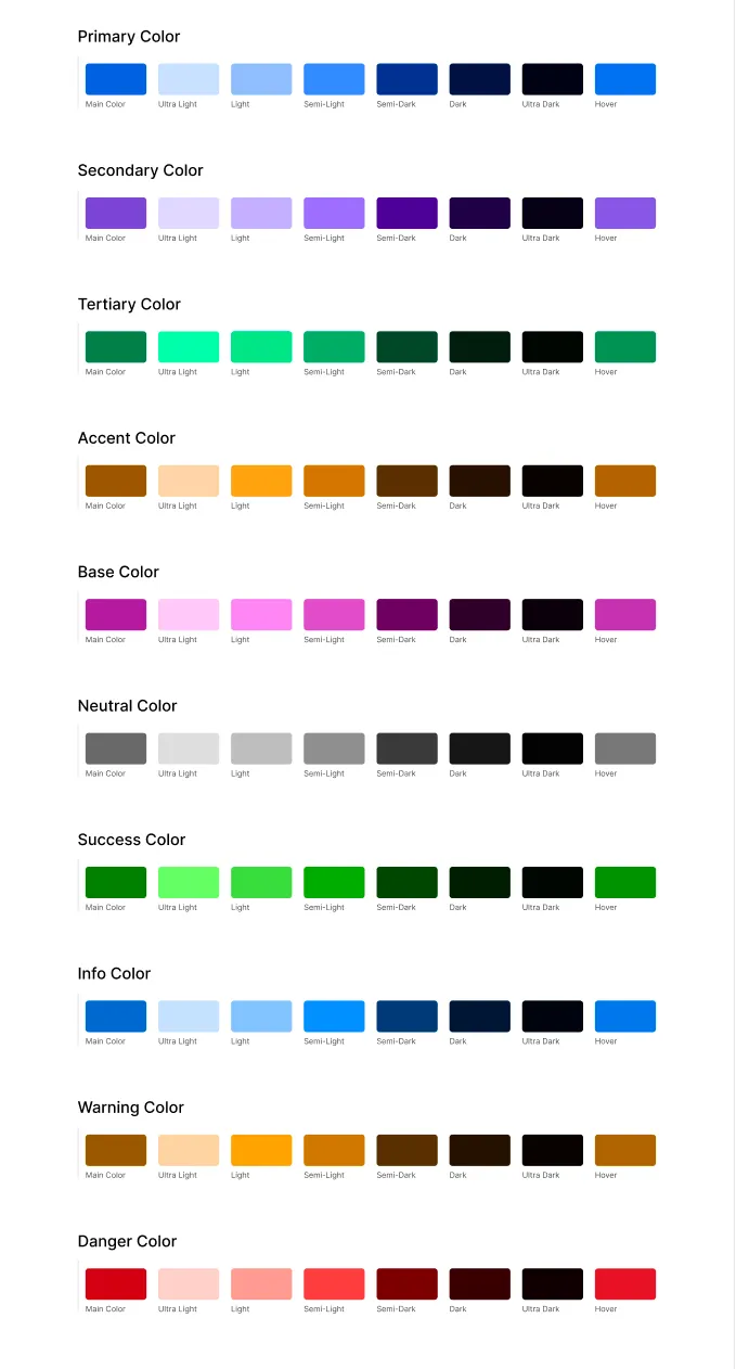 The kit's Available Color Palette page: ten color families with eight shades each