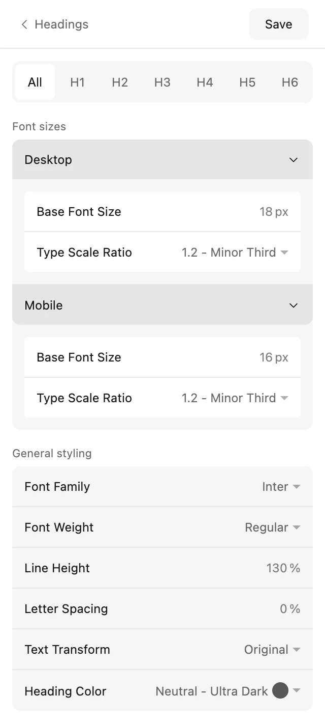 The plugin's Typography screen for headings